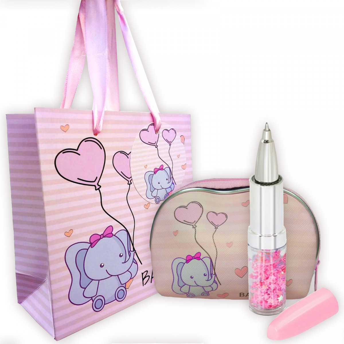 Caneta batom com carteira rosa para batizado apresentada em bolsa