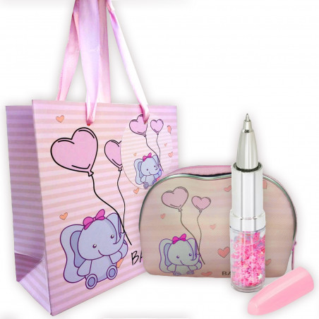 Caneta batom com carteira rosa para batizado apresentada em bolsa