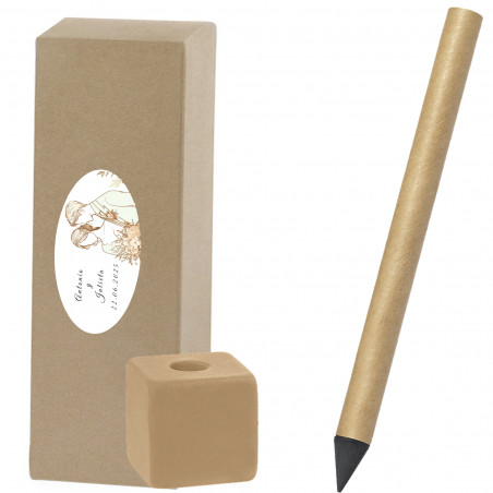 Lápis eterno de papelão reciclado com adesivo personalizado e caixa de apresentação