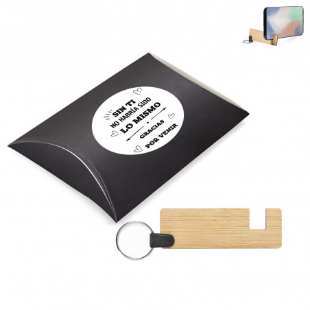 Chaveiro de bambu com suporte para celular em caixa de papelão e adesivos com frases de agradecimento