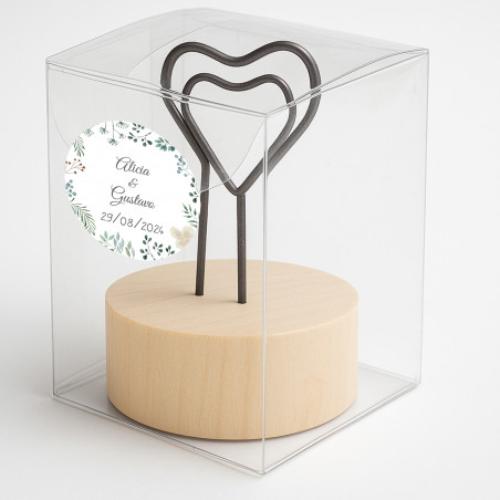 Clip de coração com adesivo personalizado em caixa de acetato