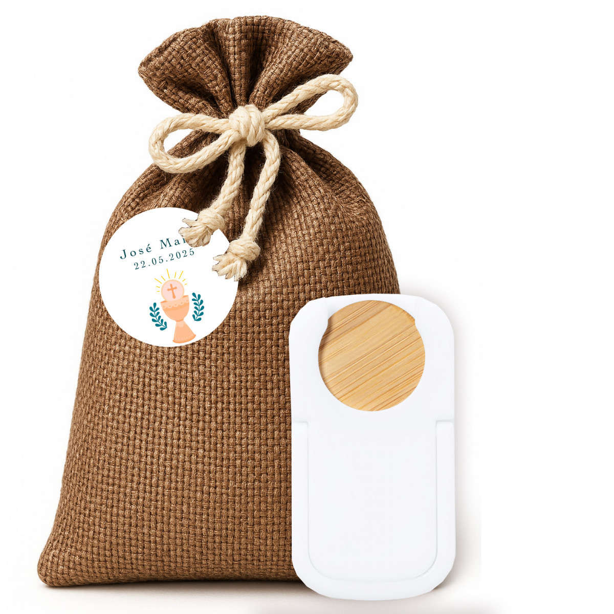Suporte para celular com moeda de bambu e adesivo cálice para detalhes em bolsa rústica