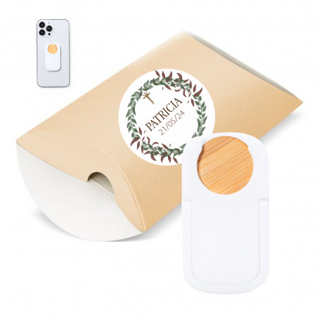 Suporte para smartphone em estojo kraft com adesivo coroa para detalhes convidados