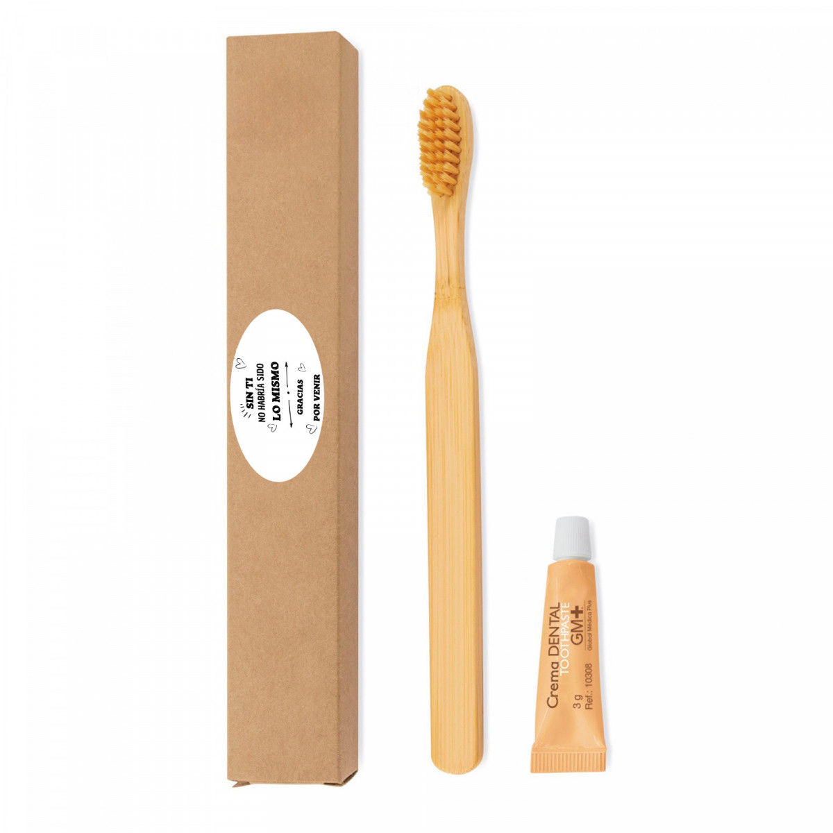 Escova de dentes de bambu e pasta de dente em caixa com adesivo para detalhes de eventos e festas
