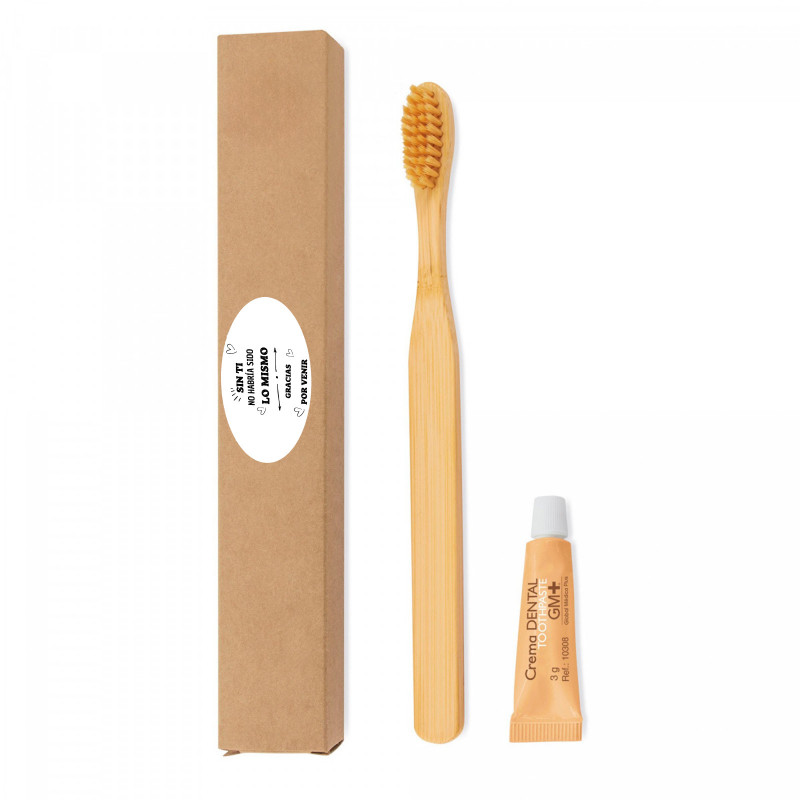Escova de dentes de bambu e pasta de dente em caixa com adesivo para detalhes de eventos e festas