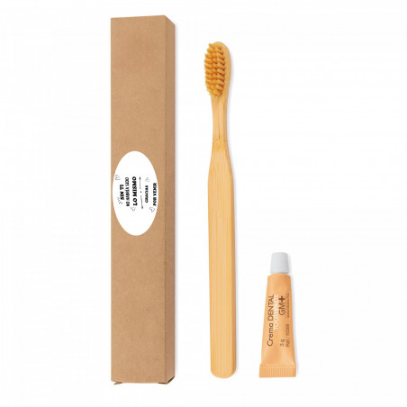 Escova de dentes de bambu e pasta de dente em caixa com adesivo para detalhes de eventos e festas