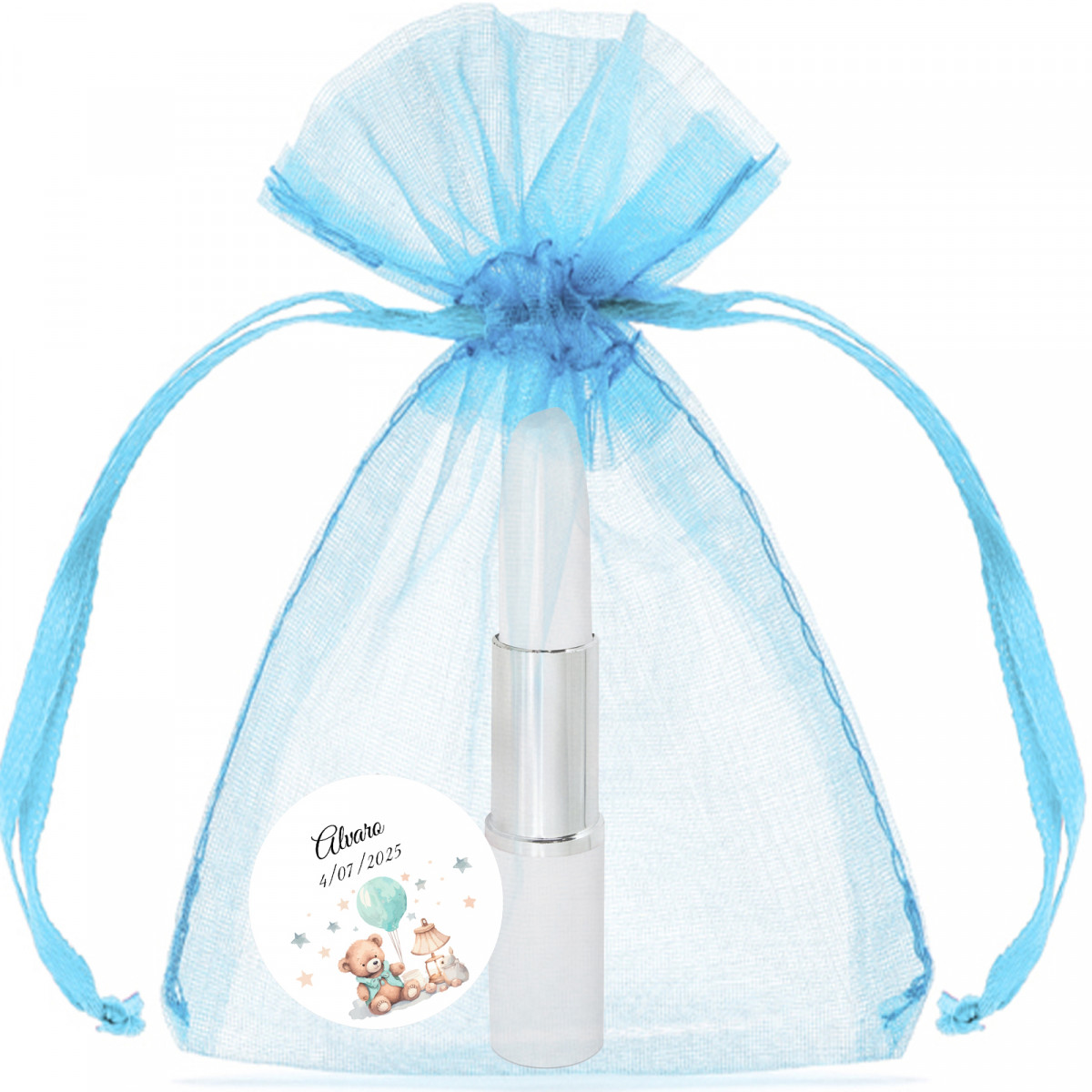Caneta em forma de batom personalizada com adesivo apresentada em bolsa de organza azul
