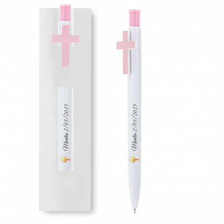 Caneta Personalizada para Comunhão com Cruz Rosa