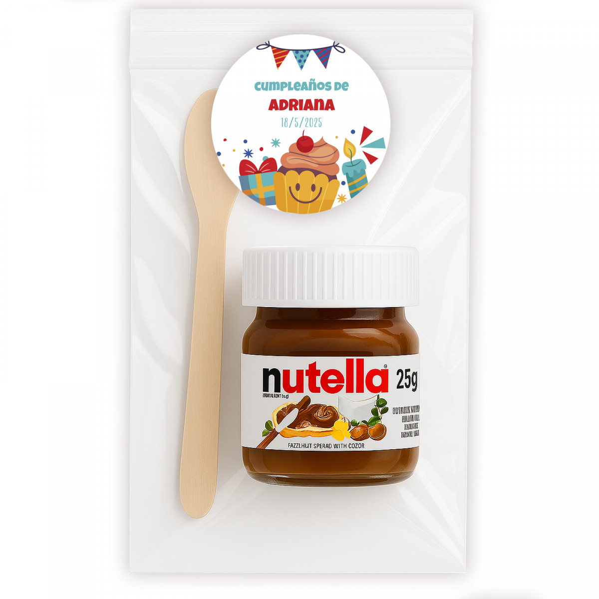 Nutella personalizada com adesivo em bolsa transparente com colher
