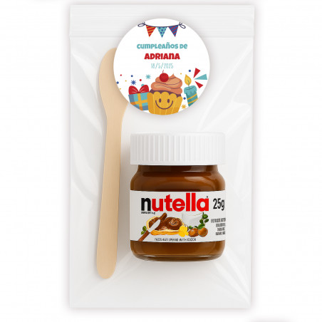 Nutella personalizada com adesivo em bolsa transparente com colher
