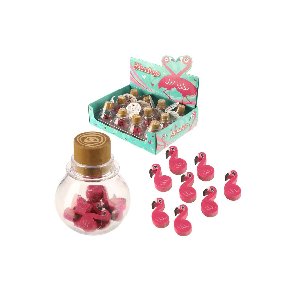 Balde com mini gomas de flamingos