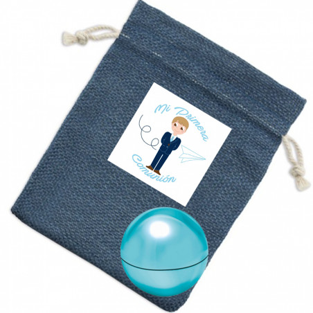 Bálsamo labial com aroma a baunilha em bolsa azul marinho com adesivo: detalhe para convidadas de comunhão