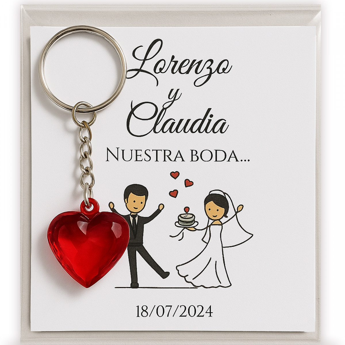 Chaveiro coração vermelho com cartão personalizado: uma lembrança de casamento especial