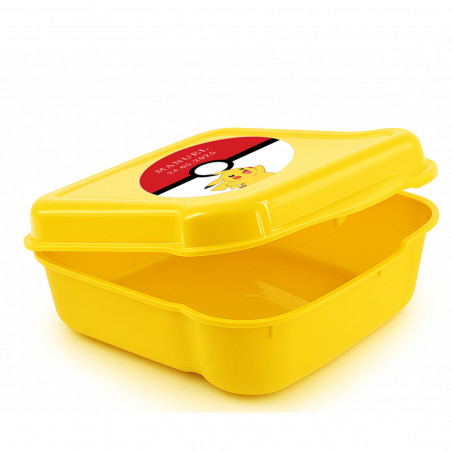 Fiambrera amarela com adesivo pokémon e guloseimas para festas infantis