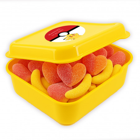 Fiambrera amarela com adesivo Pokémon e guloseimas para festas infantis