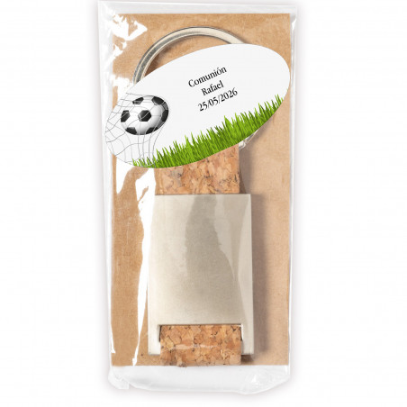 Chaveiro de cortiça e metal com adesivo design de futebol para detalhes de eventos
