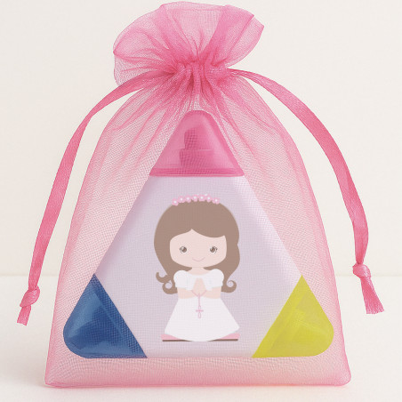 Marcador tricolor personalizado para comunhão com adesivo menina comunhão em bolsa de organza