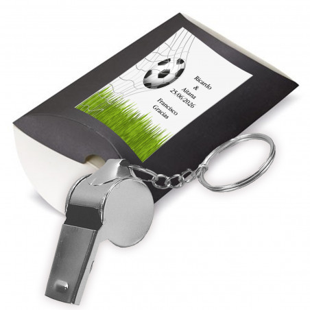 Apito de metal com adesivo de futebol personalizado em caixa de cor preta.
