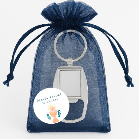 Abridor chaveiro personalizado para comunhão em bolsa de organza