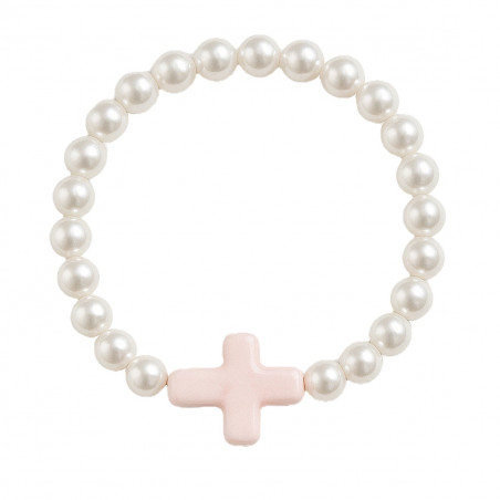 Pulseira de contas brancas peroladas com cruz colorida para eventos religiosos