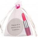 Espelho com frase em bolsa de organza bege com caneta batom