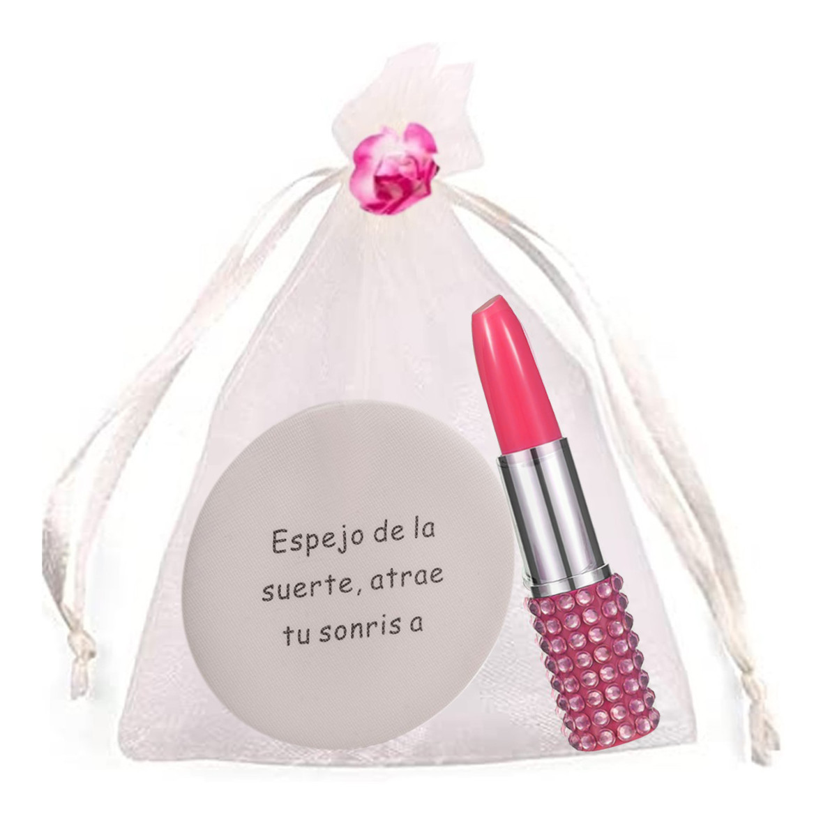Espelho com frase em bolsa de organza bege com caneta batom