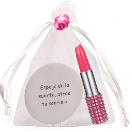 Espelho com frase em bolsa de organza bege com caneta batom