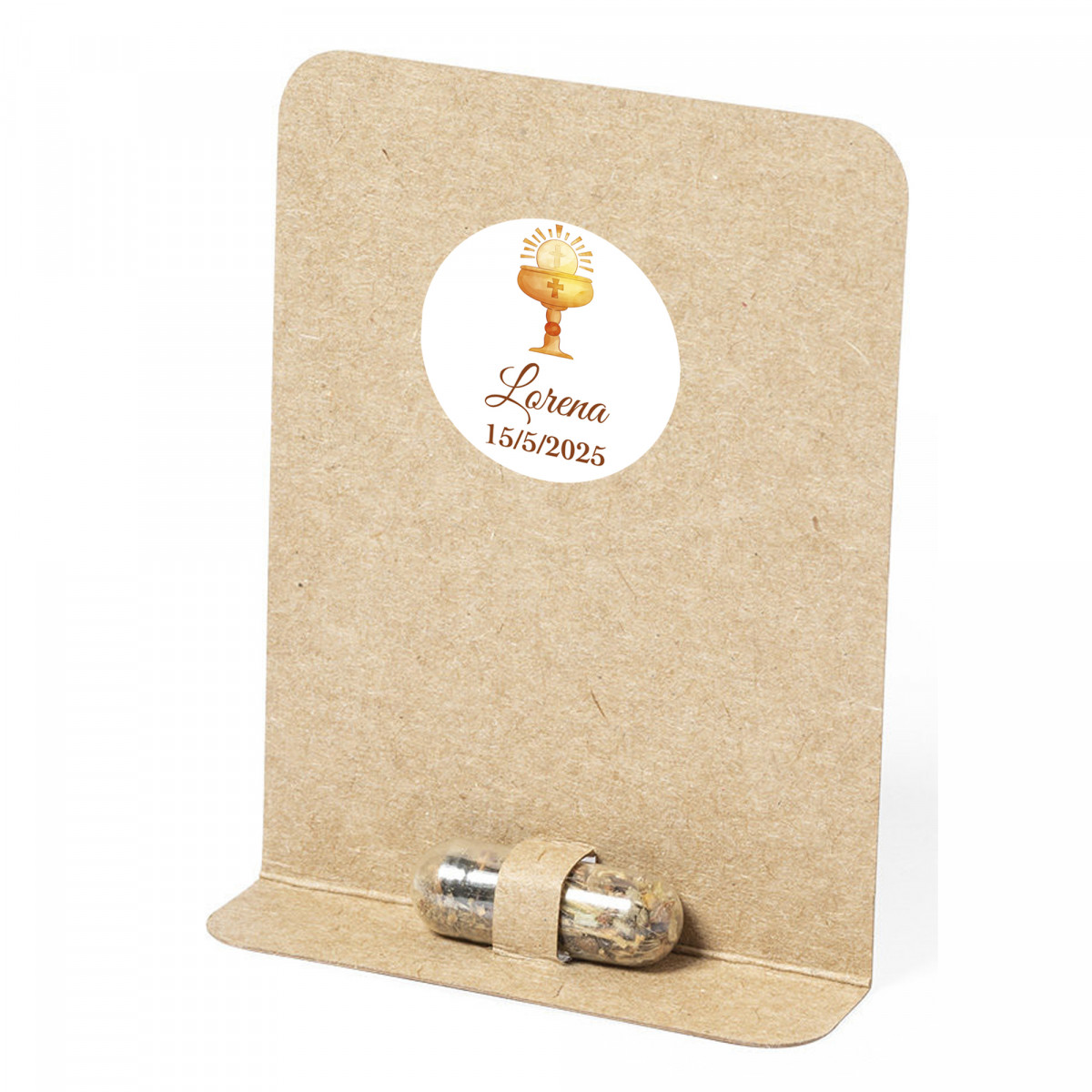 Cápsula de sementes com adesivo personalizável especial para detalhe de primeira comunhão
