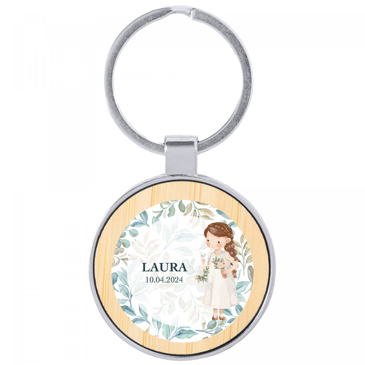 Chaveiro metálico com adesivo primeira comunhão menina personalizável