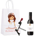 Botelha de Vinho com Saca-Rolhas Personalizado em Bolsa de Menina Comunhão