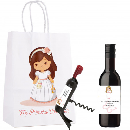 Botelha de Vinho com Saca-Rolhas Personalizado em Bolsa de Menina Comunhão