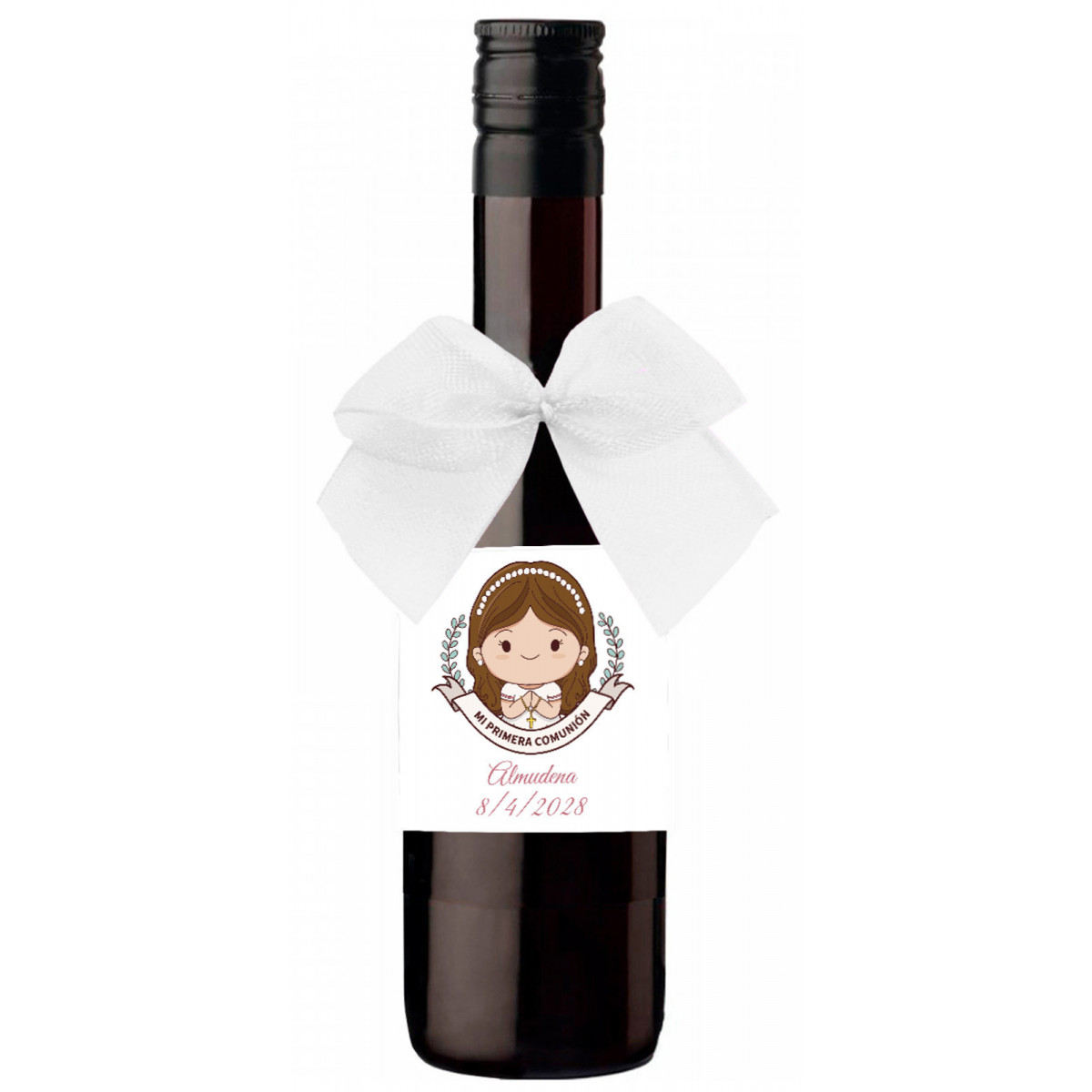 Botelha de vinho personalizada para detalhe de comunhão com laço decorativo