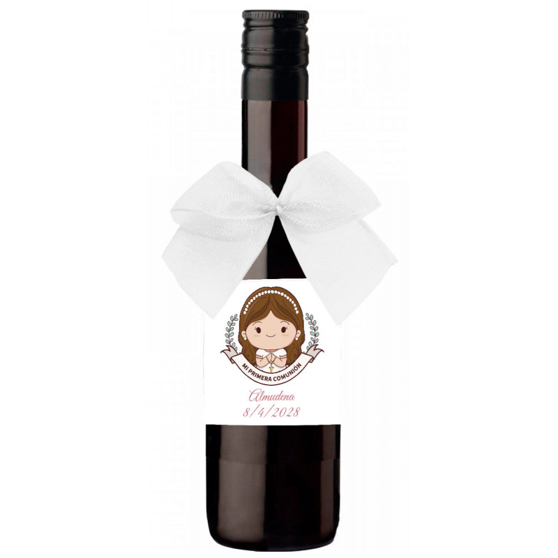 Botelha de vinho personalizada para detalhe de comunhão com laço decorativo