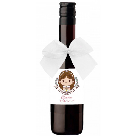 Botelha de vinho personalizada para detalhe de comunhão com laço decorativo