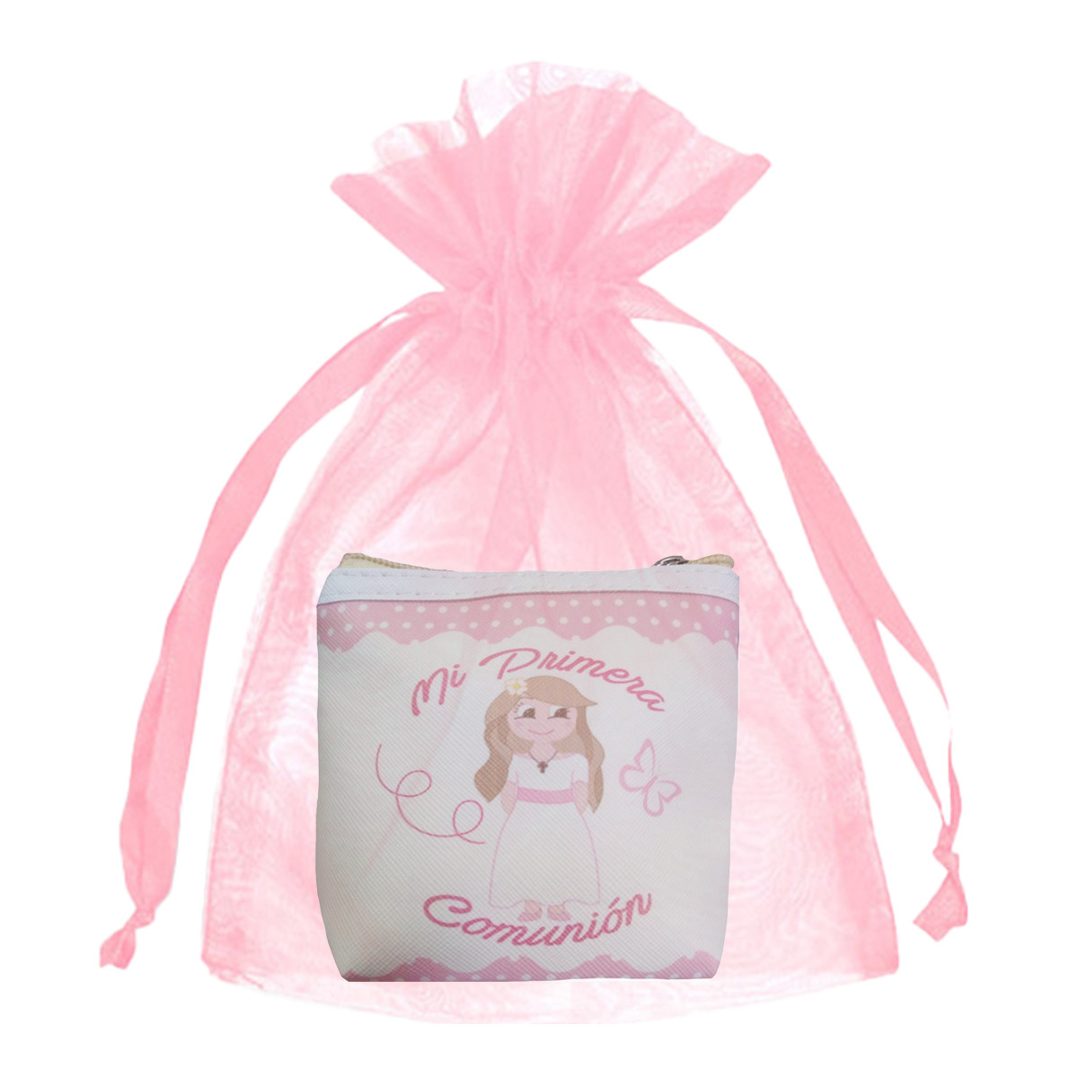 Porta moedas para primeira comunhão com bolsa de organza rosa
