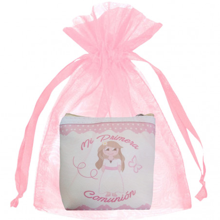 Porta moedas para primeira comunhão com bolsa de organza rosa