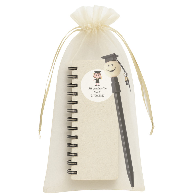 Caneta de formatura com caderno personalizado em bolsa de organza