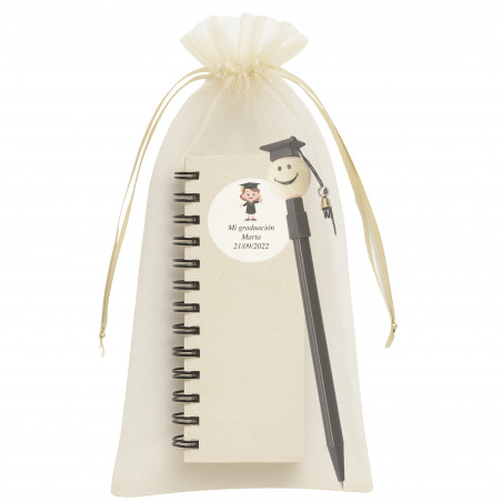 Caneta de formatura com caderno personalizado em bolsa de organza