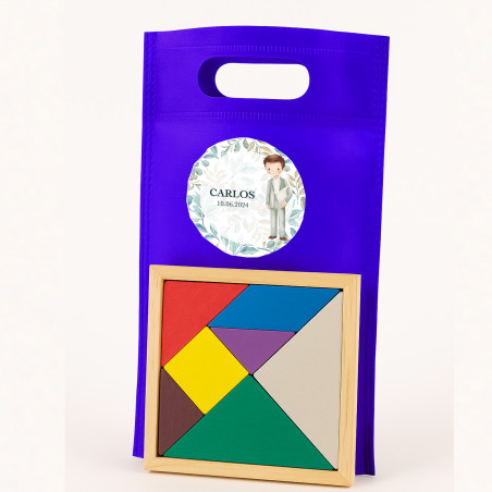 Quebra-cabeça de madeira em bolsa com adesivo de primeira comunhão personalizável