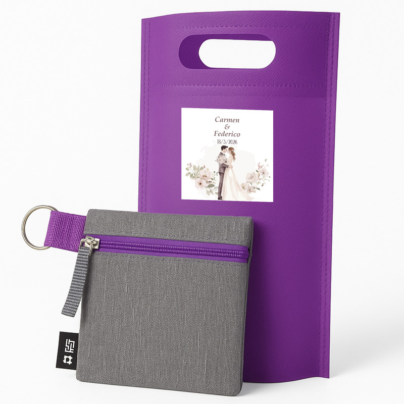 Carteira de tecido reciclado em bolsa roxa e adesivo personalizado para casamento