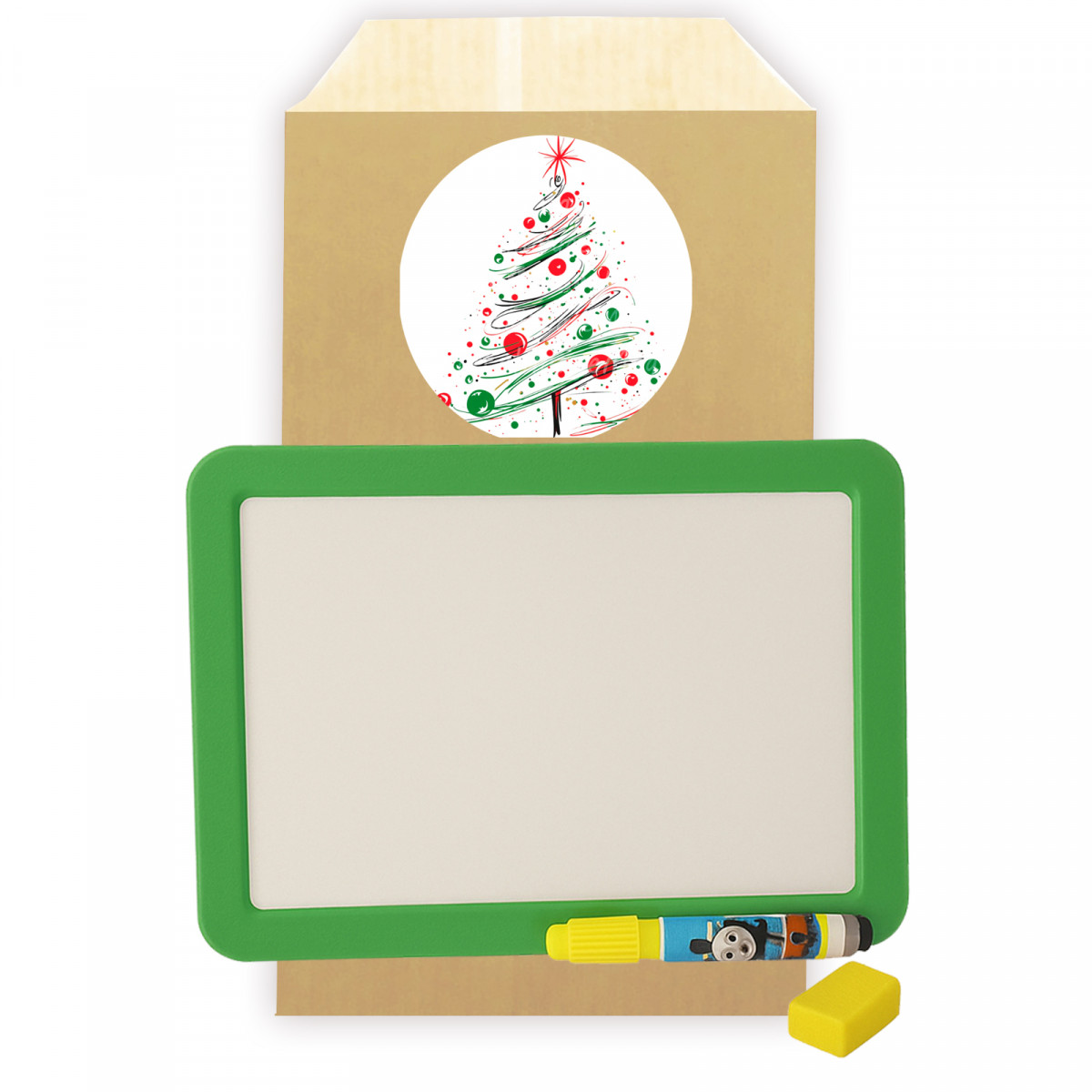 Pizarra branca pequena para crianças com marcador apresentada em envelope de presente com adesivo personalizado