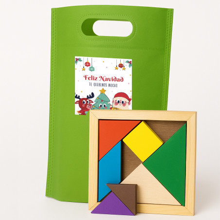 Tangram de madeira com bolsa verde para o Natal