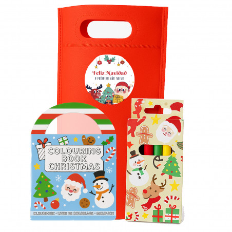 Livro de Natal para colorir com adesivos e lápis em bolsa vermelha com adesivo personalizável