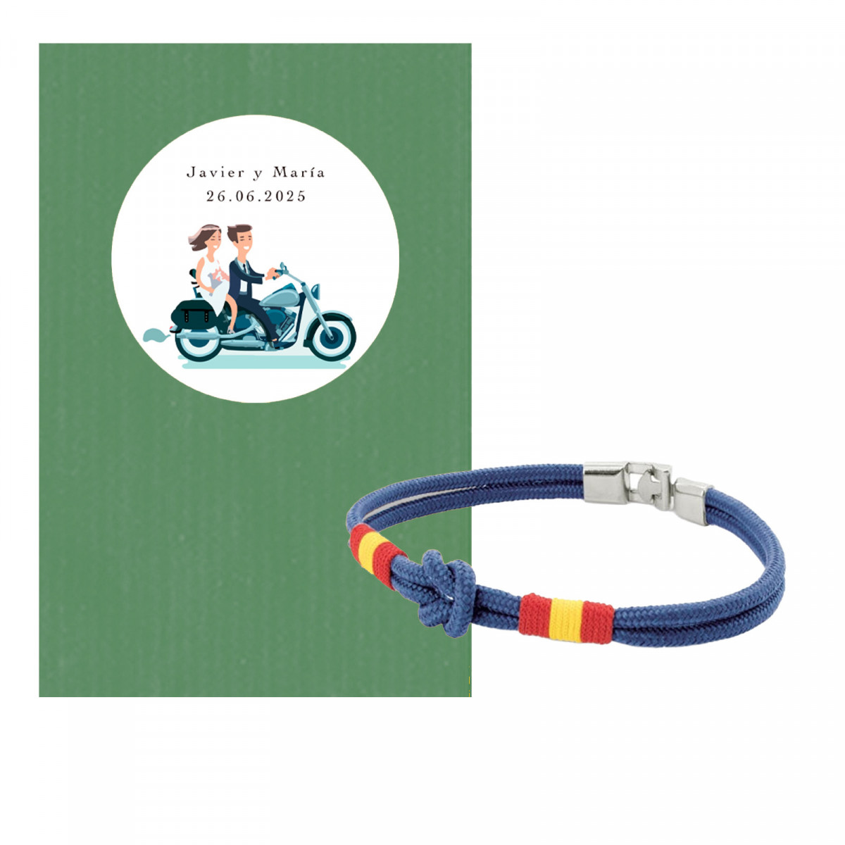 Pulseira com nó marinheiro em envelope de kraft verde com adesivo de casamento personalizado