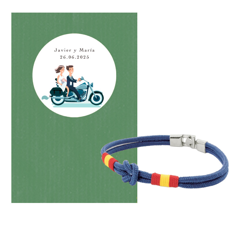 Pulseira com nó marinheiro em envelope de kraft verde com adesivo de casamento personalizado