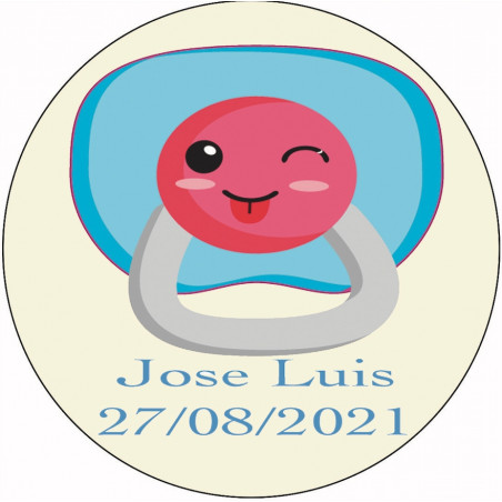 Adesivo personalizado de 3cm para batizado com design de chupeta azul