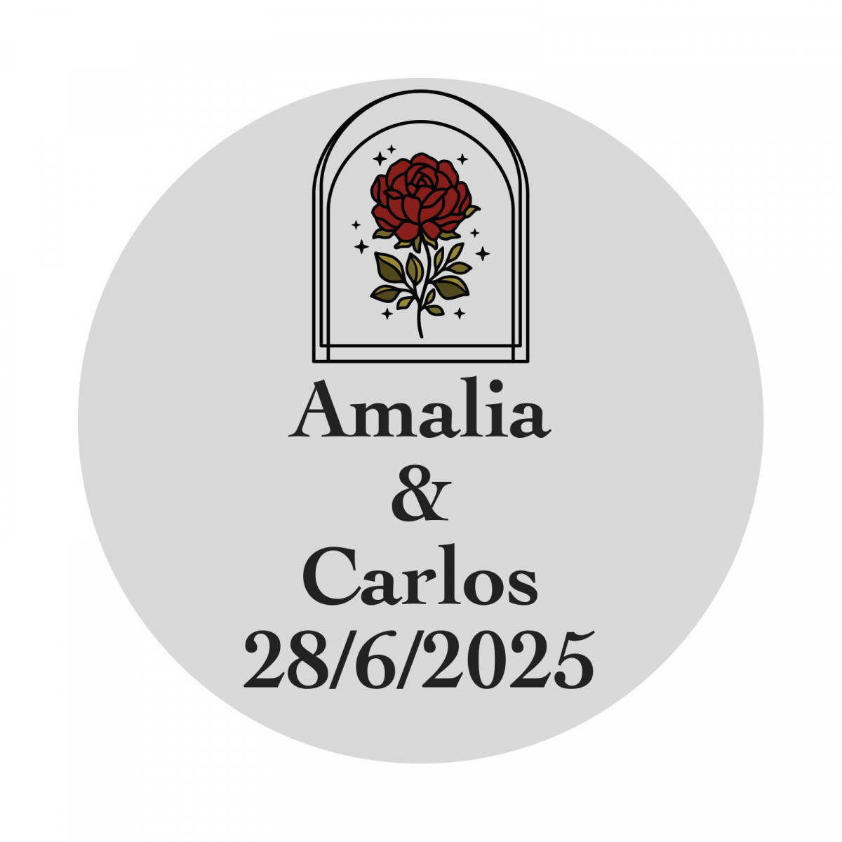 Adesivo de casamento personalizado com design de rosa em cúpula