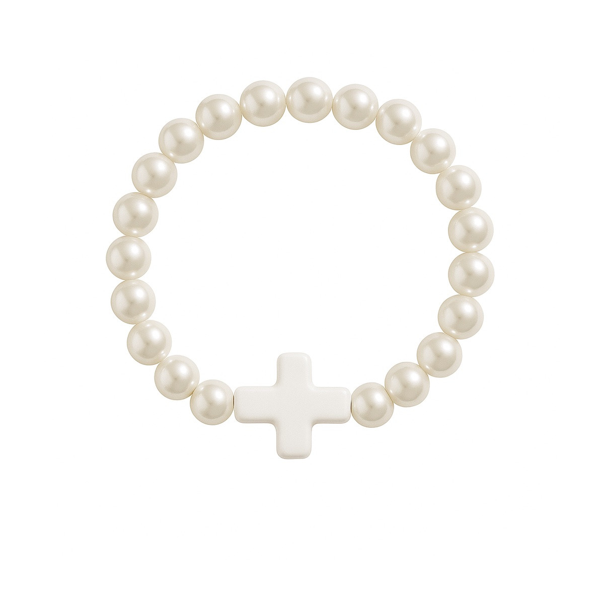 Pulseira de contas brancas peroladas com cruz colorida para eventos religiosos
