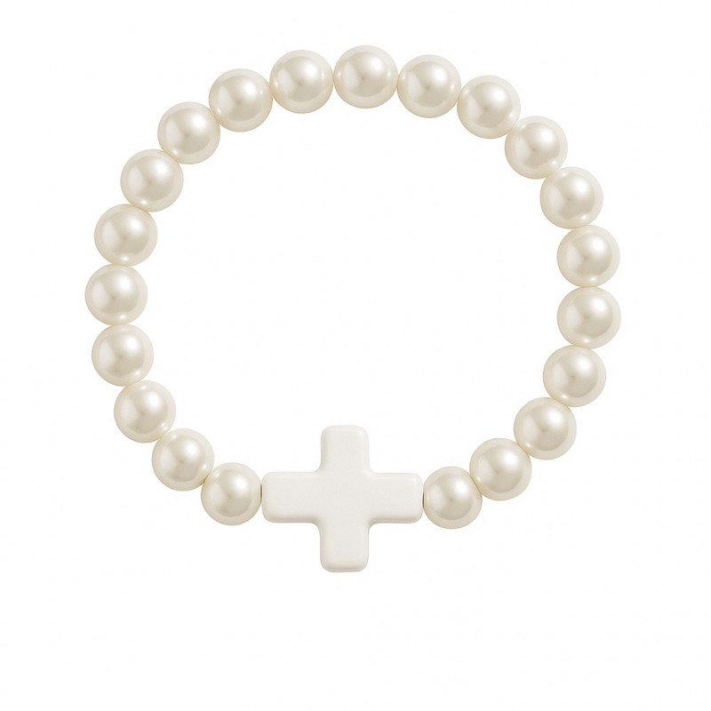 Pulseira de contas brancas peroladas com cruz colorida para eventos religiosos