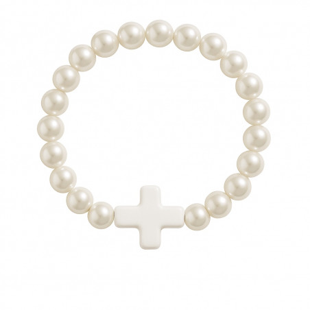 Pulseira de contas brancas peroladas com cruz colorida para eventos religiosos